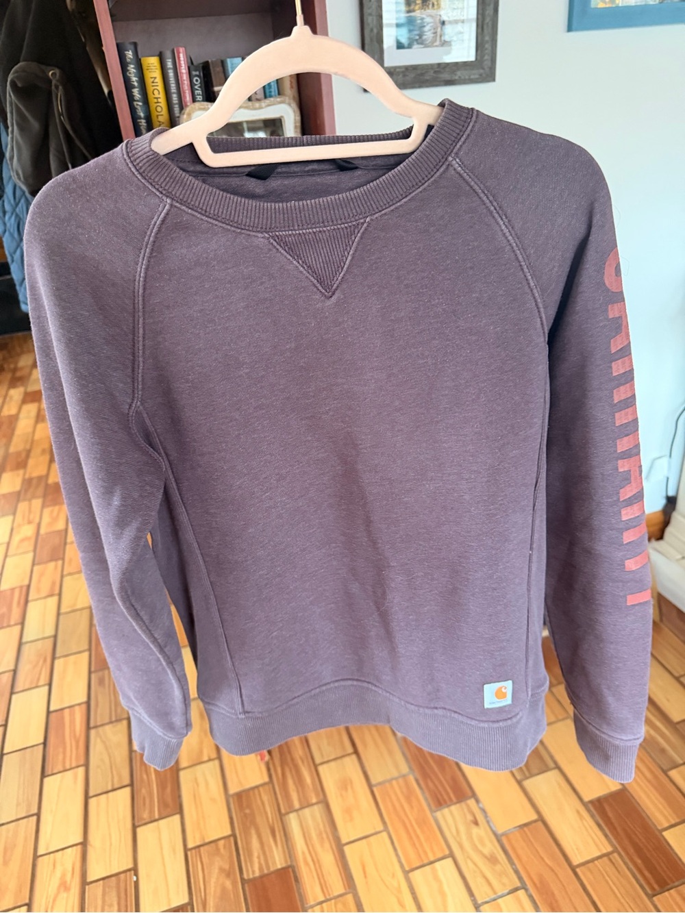 Carhartt Women’s Crewneck Sweatshirt in Plum with Rose Sleeve Logo
